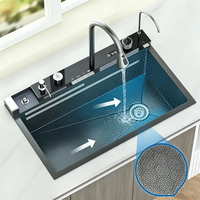 Évier de cuisine professionnel en acier inoxydable nano PVD de 750 mm, poste de travail à cuve unique, à encastrer sous plan, avec robinet cascade LED et douchette extractible
