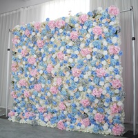 Dinding Latar Belakang Bunga Mawar Biru Pink Buatan 3D Kain Gulung Panel Bunga Buatan Dekorasi Pernikahan