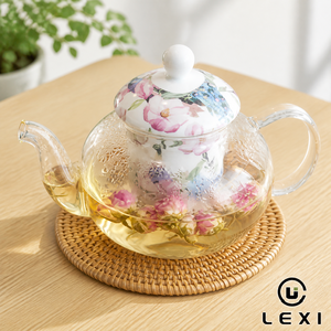 Elegante Teiera in Vetro con Motivo Floreale a Pavone, Infusore in Ceramica <span class=keywords><strong>e</strong></span> Base Riscaldante, Perfetta per Preparare <span class=keywords><strong>Tisane</strong></span>, Frutta o Tè Nero - Product Image 1