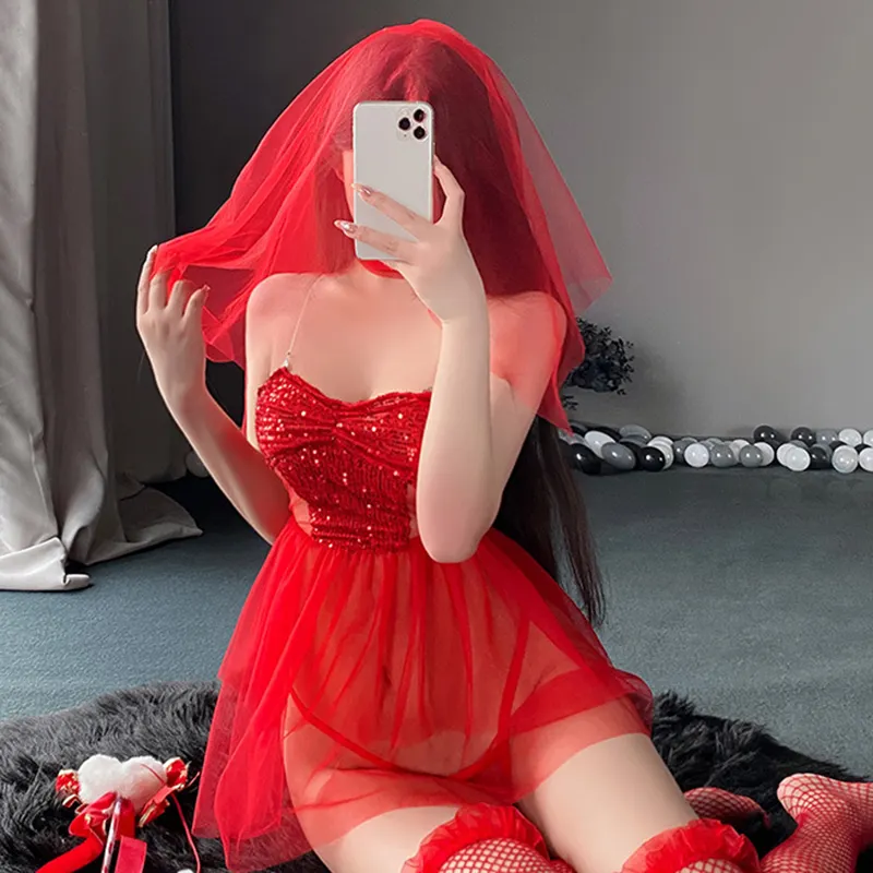 Heiße rote Braut Pailletten Brust Gaze Mesh sexy Unterwäsche Rollenspiel Braut Kostüme 6629