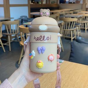 Wholesale <b>Cute</b> Large Capacity 3D Sticker Ins Portable Glass Cup High Beauty Cartoon Strap Water Bottle for Girls and Students - Product Image 6