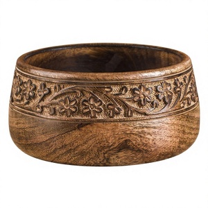Bols de service personnalisés en bois d'acacia indien faits à la main, écologiques, design vintage, brodés, polis, décoratifs pour les fêtes - Product Image 3