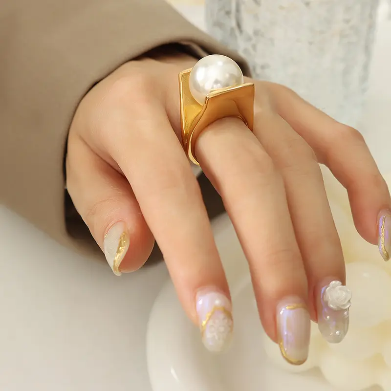 Летнее пресноводное элегантное искусственный жемчуг 18K позолоченное кольцо для женщин Новое кольцо из нержавеющей стали