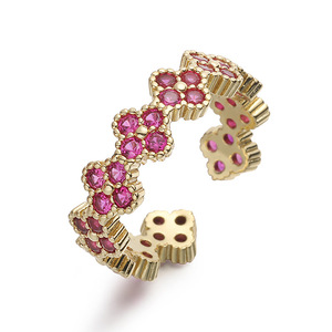 Bague élégante en cuivre de luxe léger avec zircon, trèfle à quatre feuilles, niche, pétale de fleur, couleur vive, réglable - Product Image 5