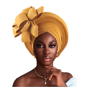 Turban plissé à couche d'espace pour femmes africaines de luxe avec fleur extensible pour dames nigérianes Aso Oke Headtie - Product Image 2