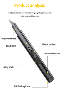 SK5 lame en alliage d'aluminium poignée couteau <span class=keywords><strong>utilitaire</strong></span> 9mm 30 degrés pointe noire bouton poussoir lame bricolage qualité OEM papier peint voiture Film - Product Image 6