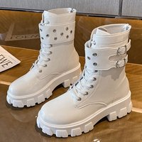 Bottes de chevalier à jambe courte en cuir verni européen et américain pour femmes, bottes d'automne et d'hiver en cuir rivetées à semelle épaisse