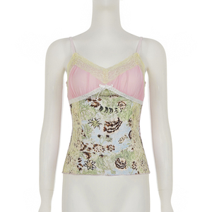 Sweet Girly Pure Style Lace <b>Patchwork</b> Color Block Vintage Print Camisole Fashion Sexy Slim Fit Tank <b>Top</b> for Women - Product Image 6