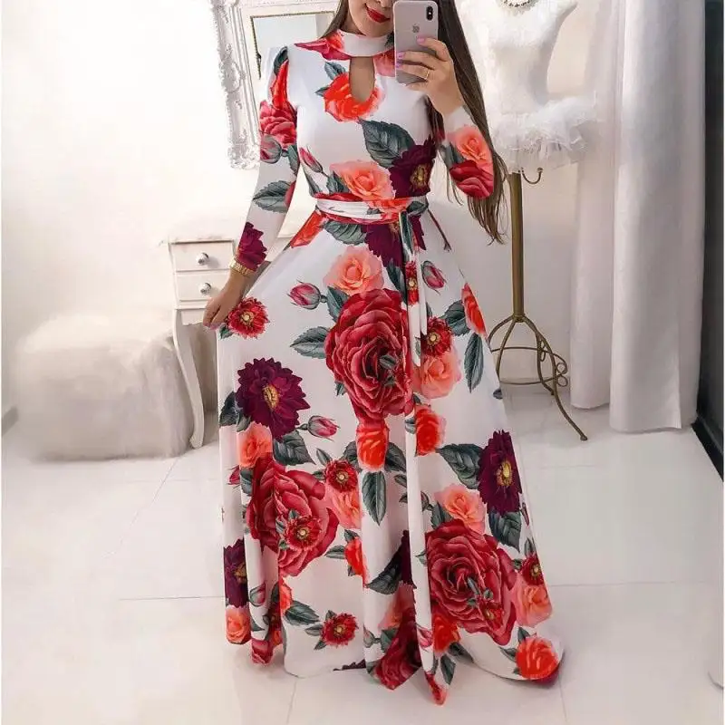 Summer Chiffon polka dot casual Boho floral print Large Long Sleeve Floor Length Bouffant Skirt Vintage Dresses Women