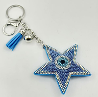 Pendentif de haute qualité en forme d'étoile bleu roi et blanc, orné de strass étincelants et de pompons, porte-clés best-seller