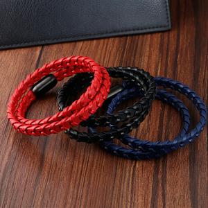 Black <b>Red</b> and Blue Cowhide <b>Bracelet</b> Men's Minimalist Braided Genuine Leather <b>Bracelet</b> Handmade Leather Wristband - Product Image 1