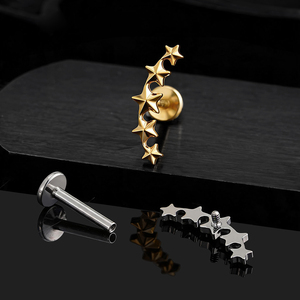 Piercing d'oreille en titane hypoallergénique ASTM F136, motif météore cinq étoiles poli, à filetage interne, pour cartilage et hélix - Product Image 2