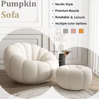 HLM48 Fauteuil de Loisirs Moderne Pivotant en Tissu Bouclé Premium Blanc Nordique, Forme Citrouille, pour Salon, Chambre et Hôtel