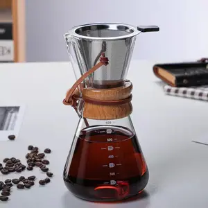 SIYUE 600ML Coffee Filter Kettle Glass Coffee Maker With Wood Handle With SUS304 Dripper Wholesale Coffee Supplier 9179