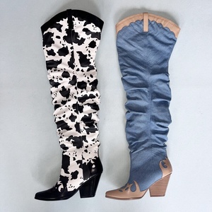 Pointy Toe Cow Print Design High Chunky Heel Boots Loose Leisure Over Knee High Booties Women Patchwork Denim <b>Shoes</b> Mixed Color - Product Image 5