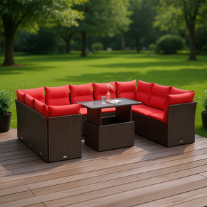 Conjunto de sofás de jardín de ratán sintético marrón con cojines, 10 piezas, muebles de exterior, diseño contemporáneo - Product Image 2