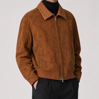 Veste bomber en cuir de daim véritable, couleur caramel cognac, épaules tombantes, ourlet côtelé, pour homme et femme