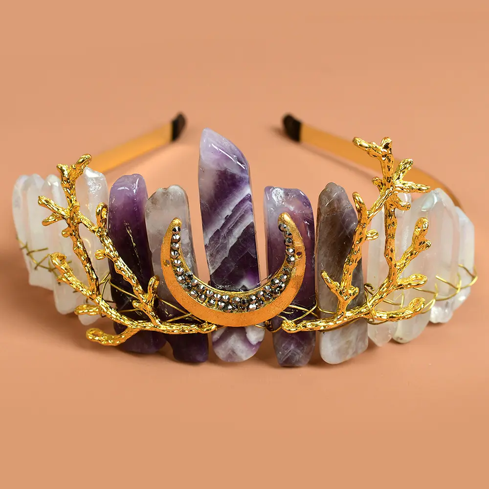 Fashion Accessories natural Amethyst Headband Purple Natural Crystal Hair Accessories Hairband Moon Star Crown Headbands