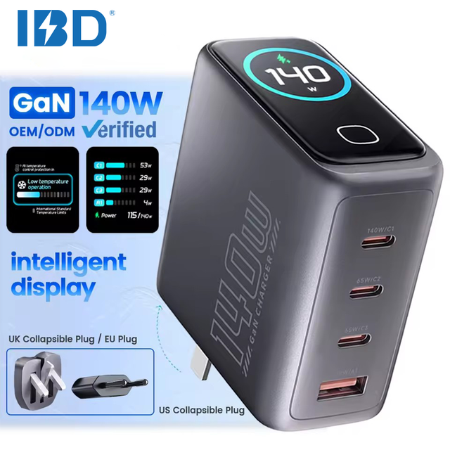 IBD GAN PD 3.1 140W TFT Display Fast Charger 4 in 1 Wall Chargers Adapters Foldable UK US EU Plug for Mobile Phone Laptop Tablet