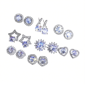 Orecchini a lobo placcati oro bianco con gemma blu taglio brillante rotondo per donna, gioielli alla moda per feste, in lega di zinco placcata argento - Product Image 1