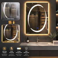 Miroir LED intelligent rond mural, miroir de salle de bain anti-buée avec capteur tactile, température de couleur réglable en 3 niveaux, affichage de l'heure, IP44 CE