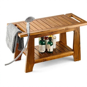 Premium Portable Modern Teak Shower Bench <b>Towel</b> <b>Rack</b>-Durable Hotel Bathroom -Stool Spa Storage Relaxation Natural <b>Wood</b> Grain - Product Image 3