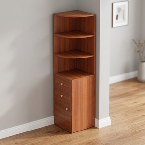 Modern Teak Wood <b>Corner</b> Bookcase Quarter Circle Open Shelves 3 Drawer <b>Cabinet</b> Storage Unit - Product Image 3