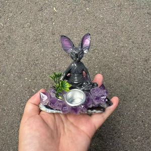 Support de bougie artisanal en résine avec améthyste et tranche d'agate, cristal égyptien mauve, pour la décoration intérieure et la lithothérapie - Product Image 4
