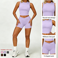 Ensemble de sport pour femme ABX8002-3+ADK8002 : Crop top sans manches et short cycliste taille haute en V – Tenue de fitness, gym et yoga