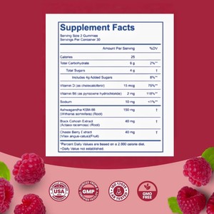 Vitaminas para la Menopausia en Adultos, Marca Privada OEM ODM, Mejora la Inmunidad, Gomitas para Mujeres con Cohosh Negro, Ñame Silvestre y Trébol Rojo, 60 Unidades - Product Image 2