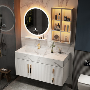 Tocador de baño moderno, mueble con efecto piedra blanca, personalizado, doble lavabo - Product Image 1