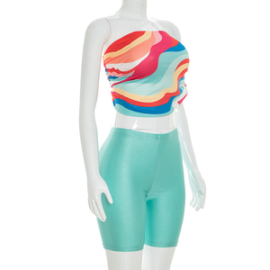 Viviblook J26ST125 Women Summer <b>Set</b> Printed Short Off Shoulder Crop Top Solid Color Tight Shorts Two Piece <b>Set</b> - Product Image 4