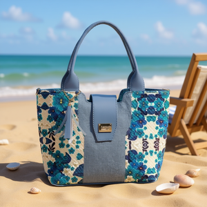 Sac fourre-tout en jute bleu Fana Eva, taille moyenne, motif lettres, usage quotidien, sac de plage - Product Image 2