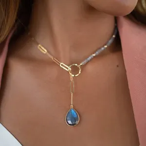 Teardrop Gemstone Lariat Necklace Statement Jewelry Birthday Gift For Women 18k Stainless Steel Paperclip Chain Necklace