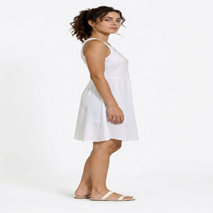 Women <b>White</b> <b>Linen</b> Front Logo Digital Print Sleeveless Square Neck a Line Mini Dress Breathable Summer Casual Wear - Product Image 1
