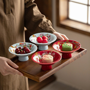 Plato de cerámica retro chino para repostería, plato de frutas con patas altas, redondo, de porcelana, para el hogar, fiestas, sala de estar - Product Image 1