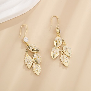 Vintage 18K Gold Metal Leaf CZ Zircon Diamond Dangle Earrings for Women <strong>Huggie</strong> Style with Hook Shape Exaggerated Dangle Design - Product Image 1