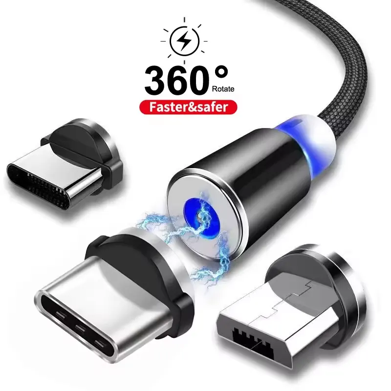 360 หมุนสายแม่เหล็ก 3 ใน 1 แม่เหล็ก USB คุณภาพสูงสายไนลอนสําหรับ iPhone สําหรับ Xiaomi/Micro USB ประเภท C
