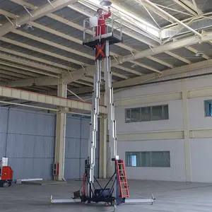 Trailer lift platform kerja udara 12m tiang ganda aluminium Aloi elektrik portabel angkat platform kerja