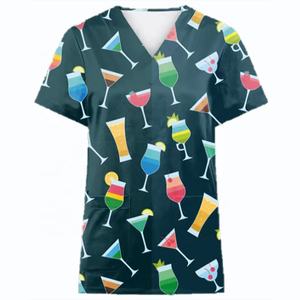 Blouses médicales personnalisées en gros pour Noël et Thanksgiving, imprimées, col en V, hauts de travail pour femmes avec poche - Product Image 4