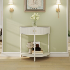 Wave Pattern Demi Lune Console <b>Table</b> Creamy White Finish Half Moon Design With 2 Storage Shelves - Product Image 4