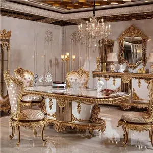 High-End-Esstisch im klassischen königlichen Stil mit großem Rechteck und Stühlen aus antikem Massivholz, Goldfolie, Esszimmer garnituren