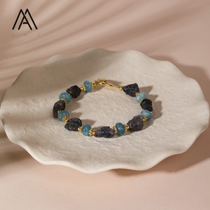 Gelang Batu Giok & Iolit Malaysia Buatan Tangan dengan Manik-manik Emas, Perhiasan Batu Asli untuk Wanita - Product Image 1
