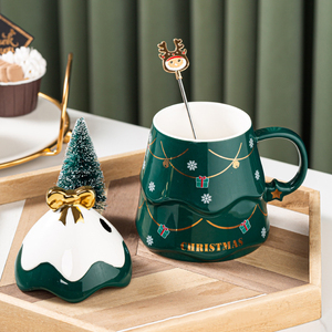 2024 Xmas Tree Design Natal Caneca De Café Gift Set Bonito Copo De Chá De Cerâmica Canecas Com Tampa E Colher - Product Image 2