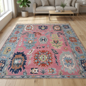 Tapis noué à la main en laine rose clair, lavable, antidérapant, écologique, couleur unie, rectangulaire, pour salon et maison - Product Image 1