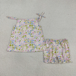 Conjunto de Ropa de Verano para Bebés Niñas, Túnica con Tirantes y Flores, Pantalones Cortos con Volantes - Product Image 1
