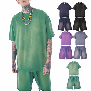 LYN9132 Wholesale Summer Casual Shorts Sets Vintage Gradient Color Edge <strong>Old</strong> T Shirt Shorts Solid Tracksuit Set 2 Pieces Sets - Product Image 1