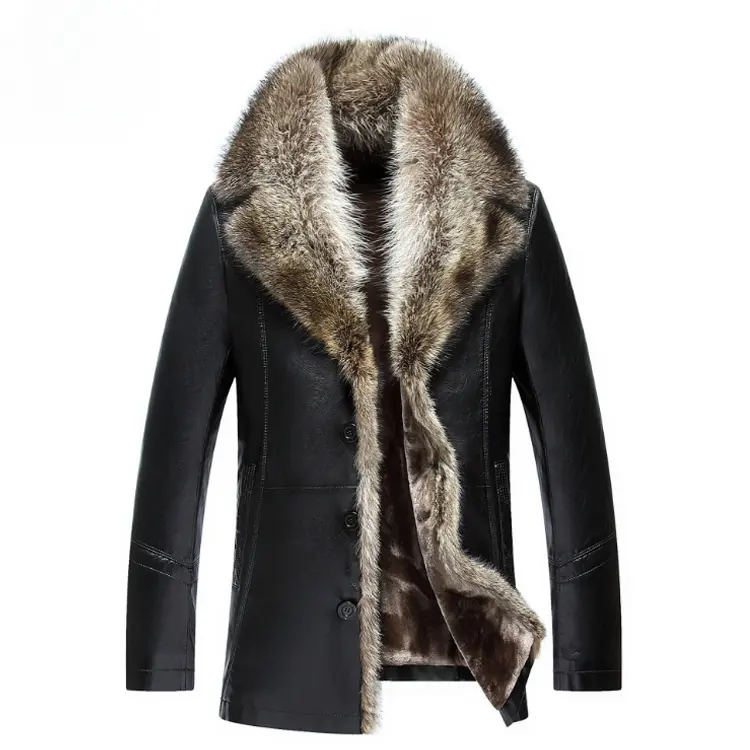 Men's Winter s Casual Leather For Men Warm Raccoon Fur Collar Coats Male Clothing Mid-length Casacos Masculinos