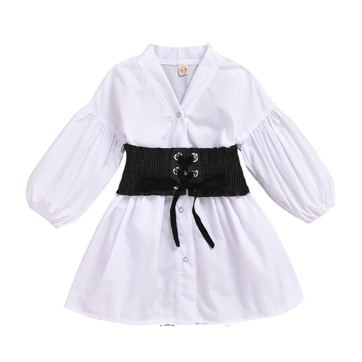 White Cotton Shirt Dress For Toddler Girls With Belt Long
