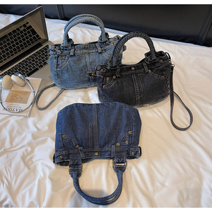 <b>Denim</b> Shoulder Bag Two Handles Zipper Closure Rivet Decoration Vintage Style All Seasons Daily Use - Product Image 1